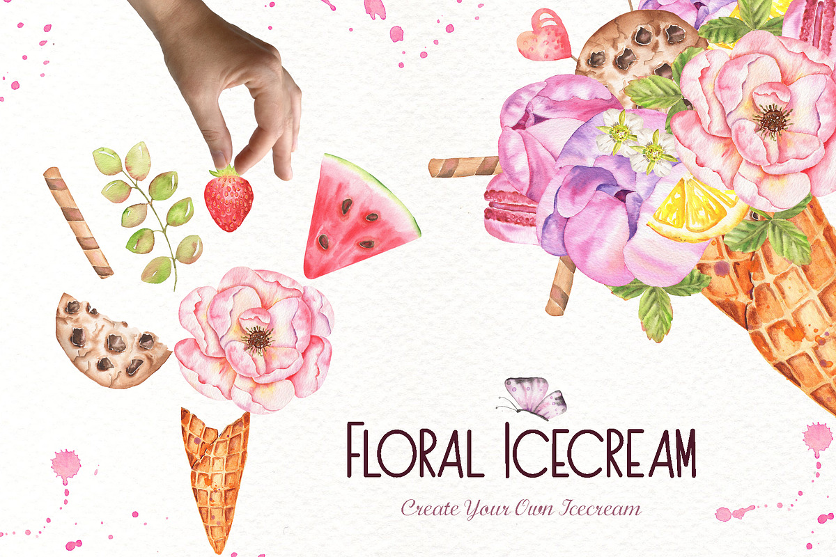 Floral Icecream Watercolor Set, an Illustration by TanataDesign (Photo 9 of 13)