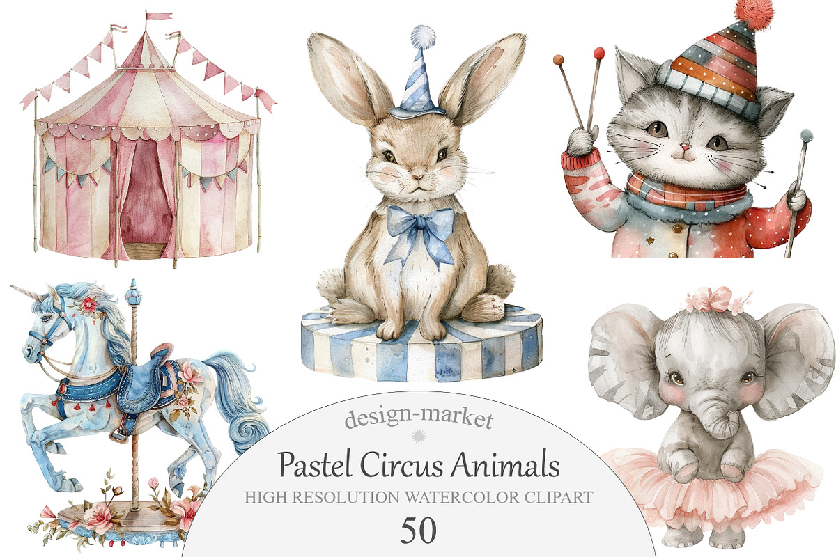 Pastel Circus Animals Clipart, an Illustration by Design Market (Photo 1 of 5)