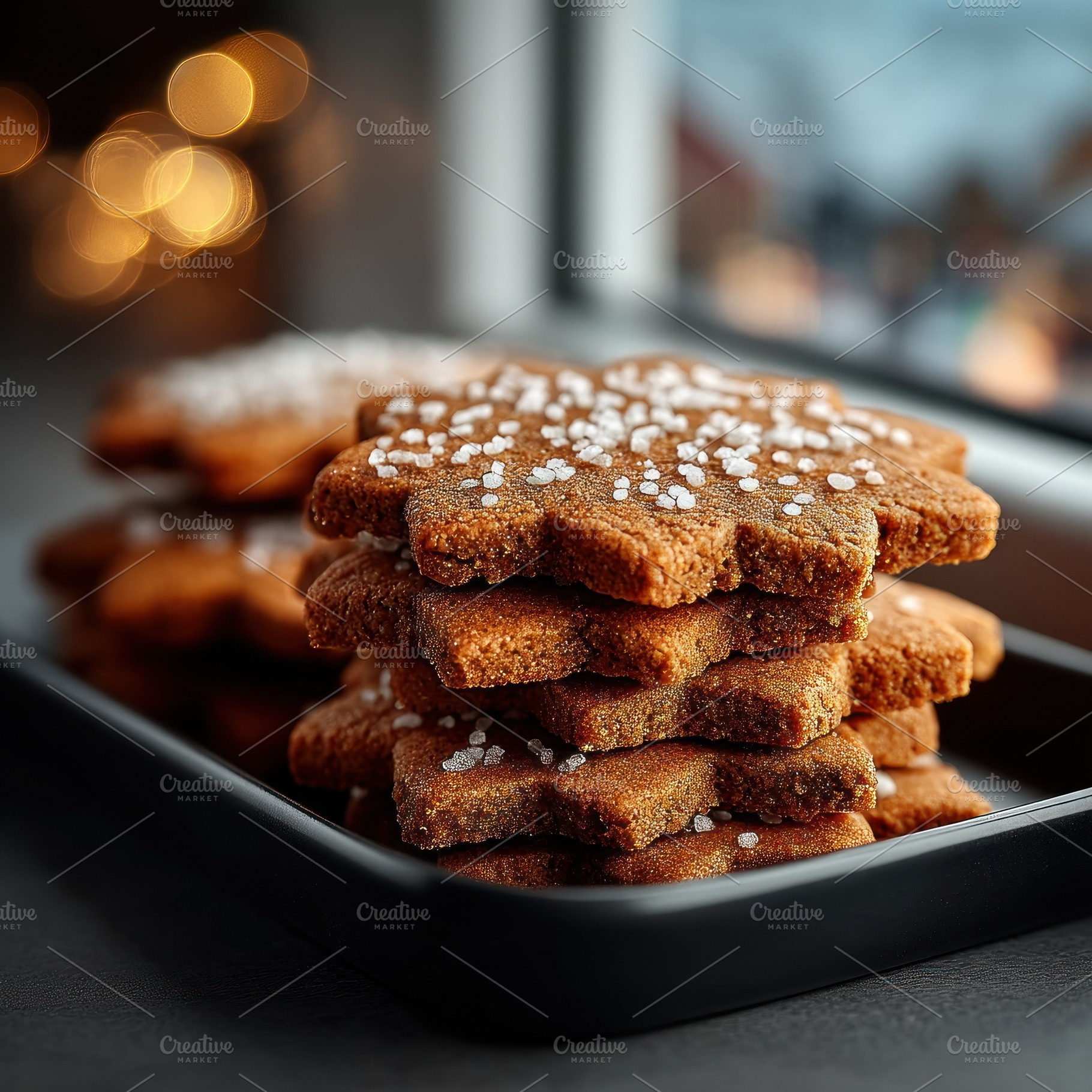Stack of snowflake shaped gingerbread cookies with coarse sugar, a Holiday Photo by José Manuel Gelpi