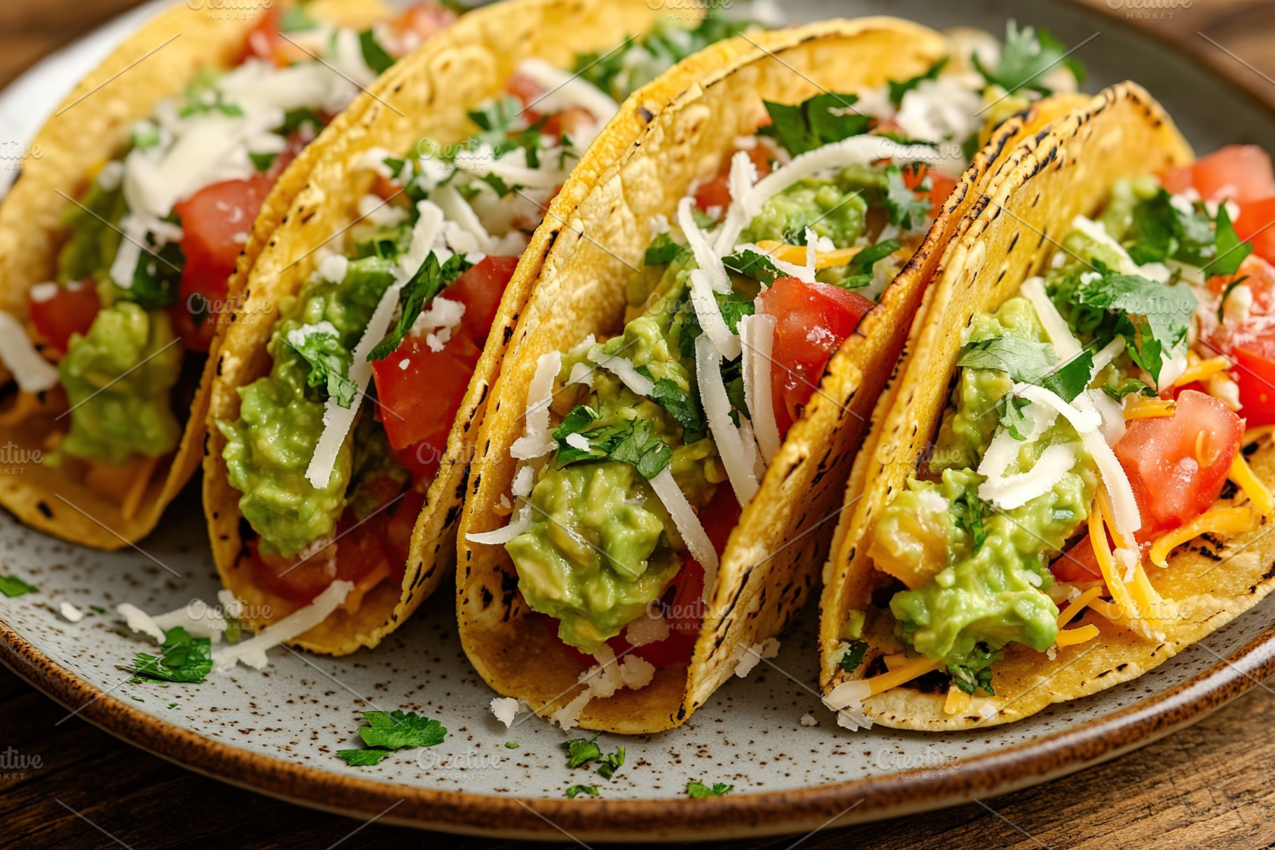 Vegetarian tacos with guacamole, cheese and tomatoes on a plate, a Food & Drink Photo by AlyaAnd