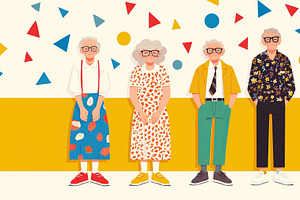 Colorful illustration of elderly individuals with vibrant outfits and cheerful, an Illustration by AS photostudio