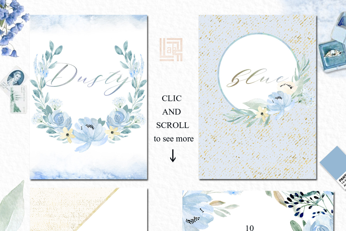 Dusty blue gold. Watercolor flowers, a Texture Illustration by LABFcreations (Photo 3 of 12)