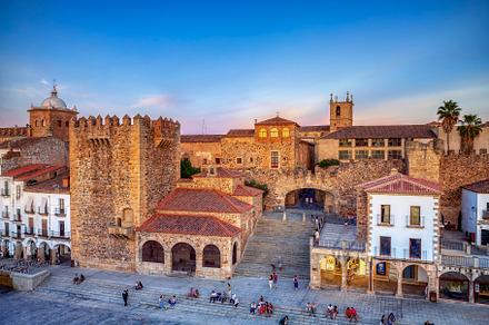 Plaza Mayor of Caceres at sunset, overhead view., an Architecture Photo by CreativePhotoSpain