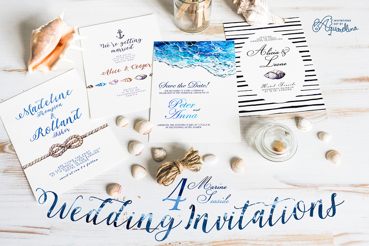 4 Seaside Wedding Invitations, an Invitation Template by Aquarellina (Photo 1 of 3)