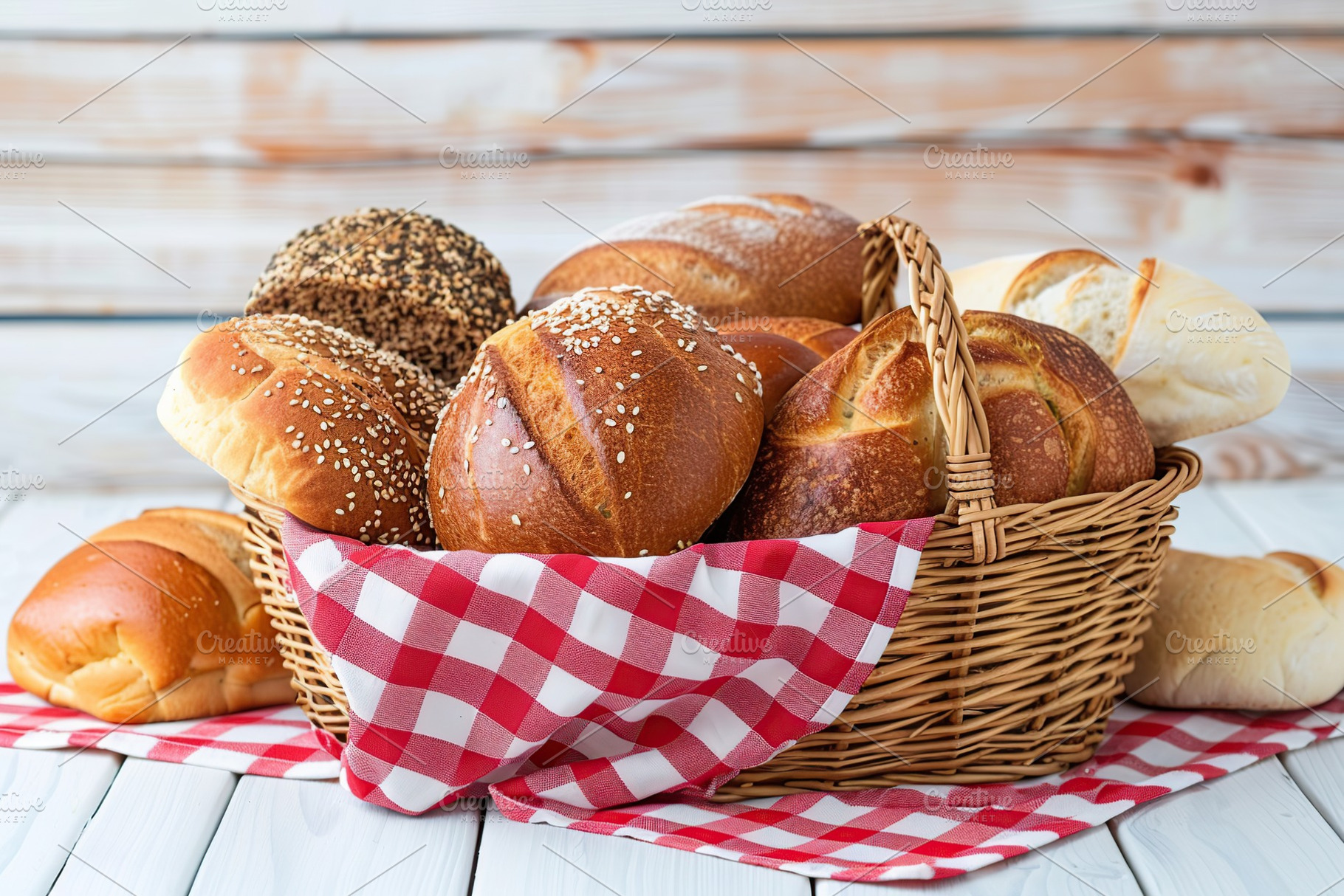 Different kinds of baked bread in basket on wooden table, a Food & Drink Photo by AlyaAnd