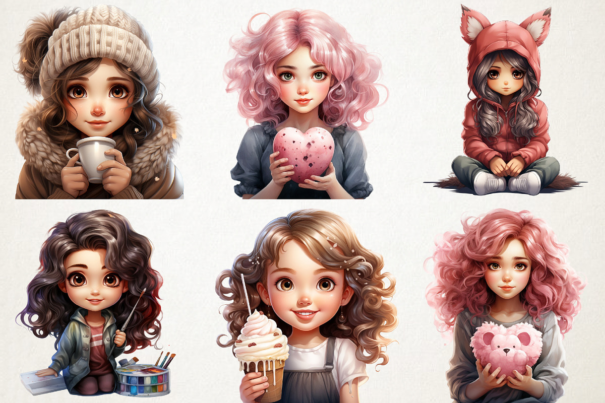 Cute Watercolor Girls Clipart Whims, an Illustration by RobertsArt (Photo 4 of 4)