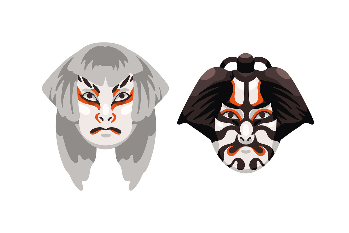 Japanese Kabuki theater masks set, a Decorative Illustration by PaperTrident (Photo 4 of 7)