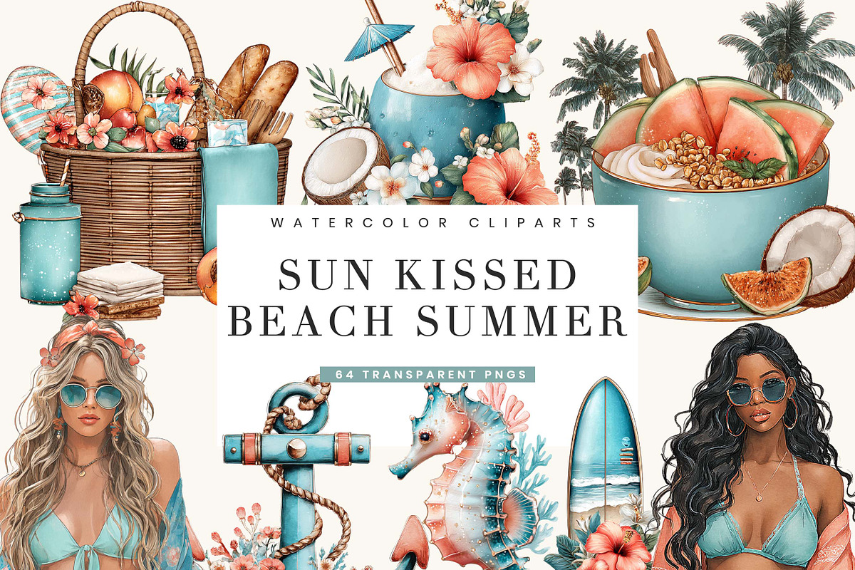 Watercolor Sun Kissed Summer Beach, a Seasonal Illustration by BusyDaydesign (Photo 1 of 9)