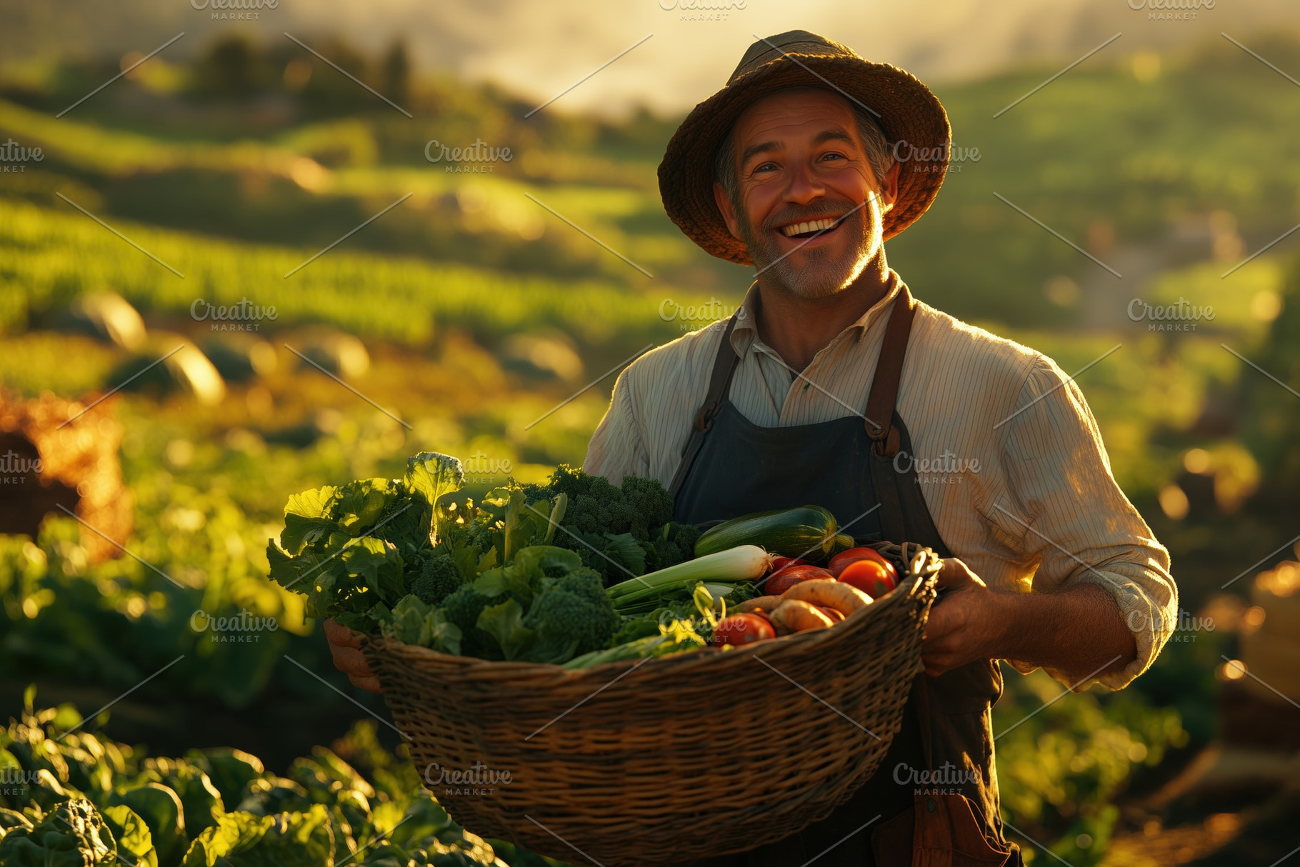 A cheerful farmer holding a basket of fresh vegetables in a lush green field du, a Person Photo by Textures & Backgrounds