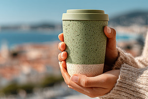 Hands holding reusable coffee cup sc, a Photo by Pixeness Studio