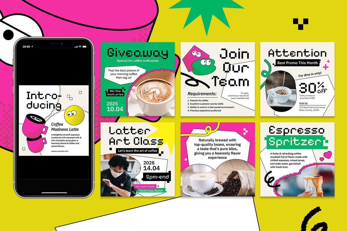 Pixelated Coffee Shop Instagram Set, a Social Media Template by Aiyari Graphic (Photo 2 of 5)