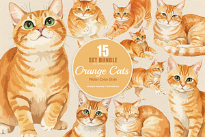 15 Bundle Watercolor Orange Cats Pet