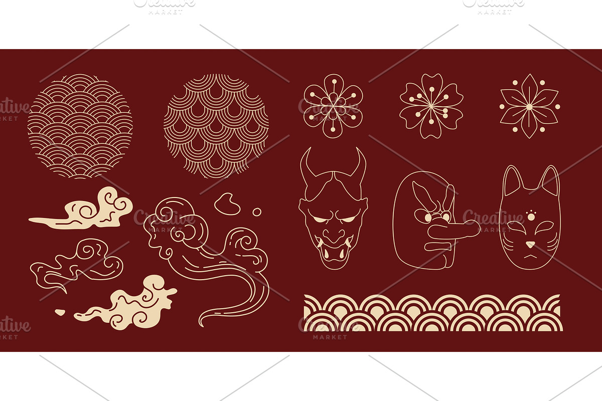 Golden Japan Asia elements on red bg, an Illustration by art PVP - market