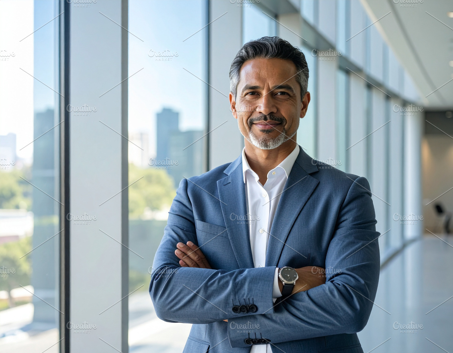 Confident business leader standing in front of large glass windo, a Person Photo by DanFLCreativo