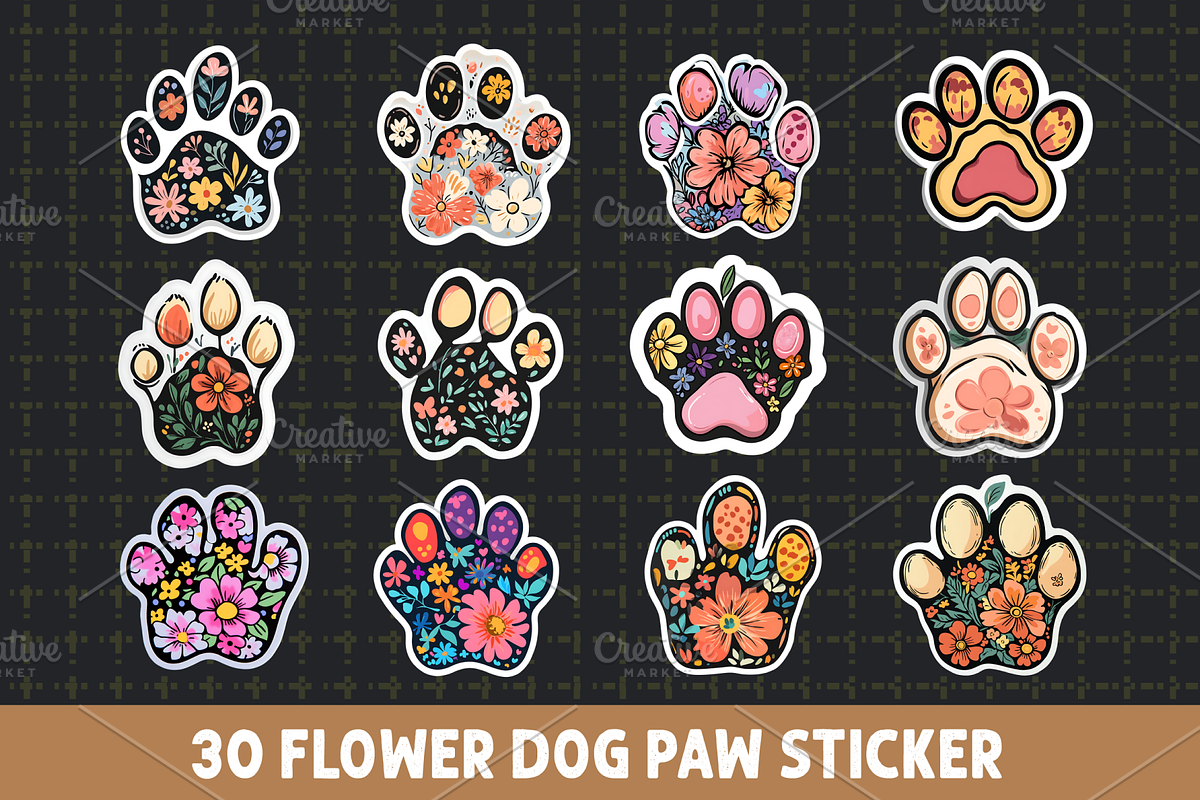 Floral Dog Paw Sticker Bundle PNG, an Illustration by RaiihanCrafts