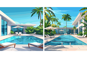 Tropical resort hotel cartoon vector, an Illustration by Onyx