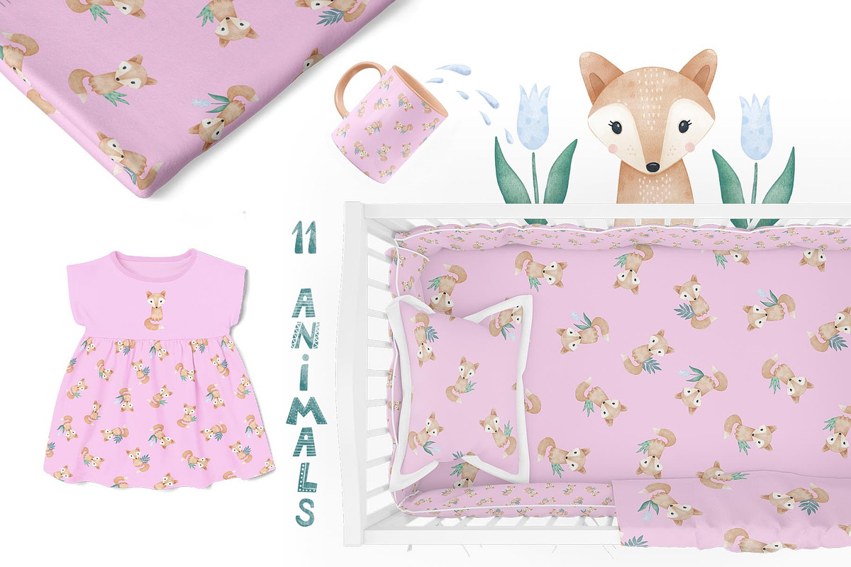 Woodland friends. Kids patterns set, an Animal Illustration by tetiartline (Photo 2 of 11)