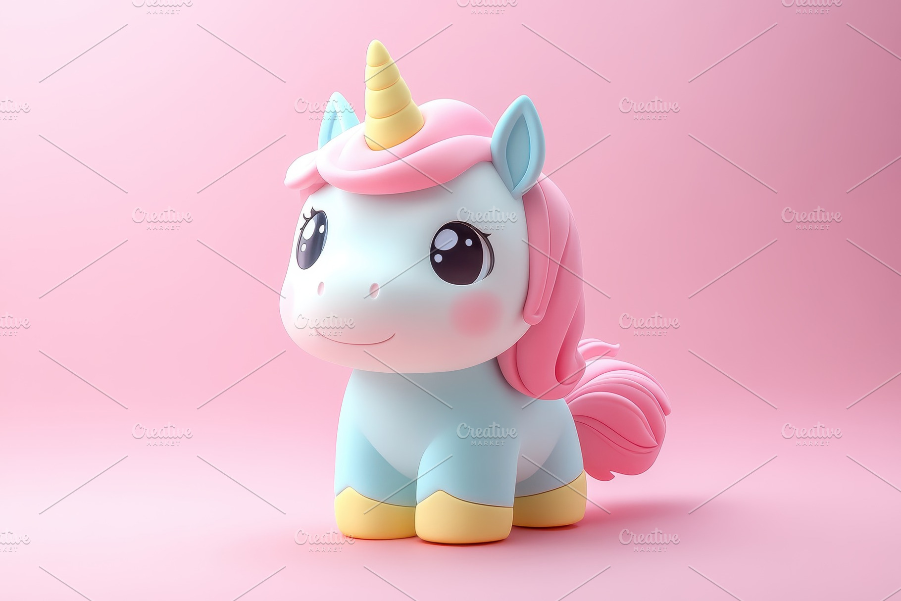 Colorful unicorn toy stands against, a Photo by Tanuart
