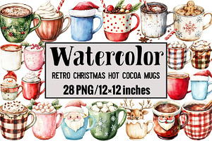Retro Christmas Hot Cocoa Mugs, an Illustration by Design Market
