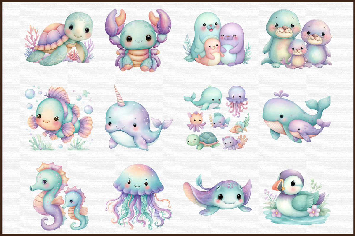 Cute Sea Animals Watercolor Clipart, an Illustration by Sublimation Artist (Photo 3 of 6)