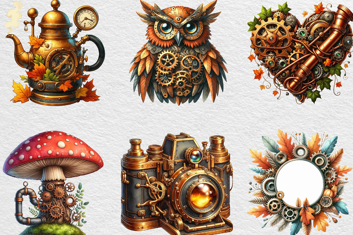 Watercolor Steampunk Autumn Clipart, an Illustration by Black Bird Studio (Photo 5 of 6)
