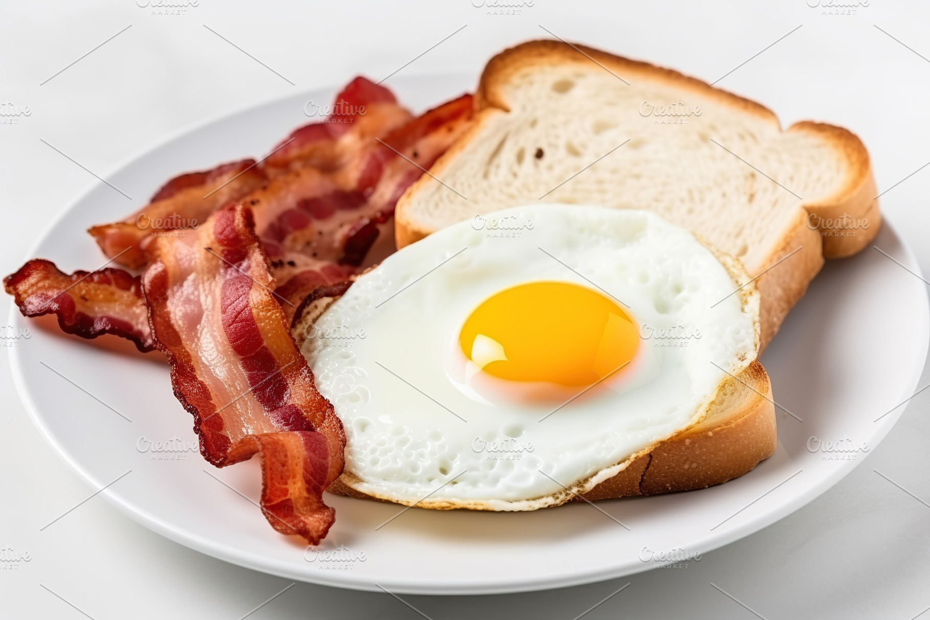 Fried eggs with toast and bacon on white background, a Food & Drink Photo by AlyaAnd