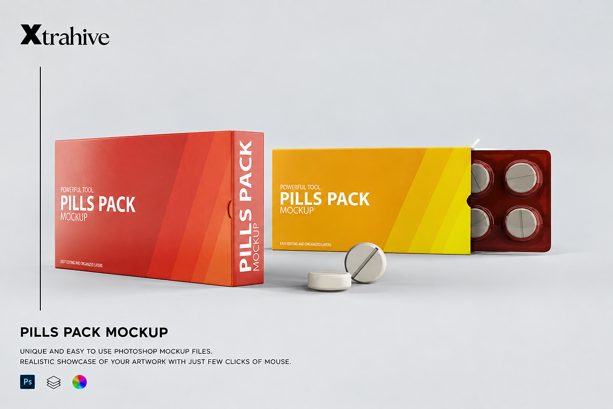 Pills Package Blister Box Mockup, a Packaging Mockup by Xtrahive (Photo 1 of 2)