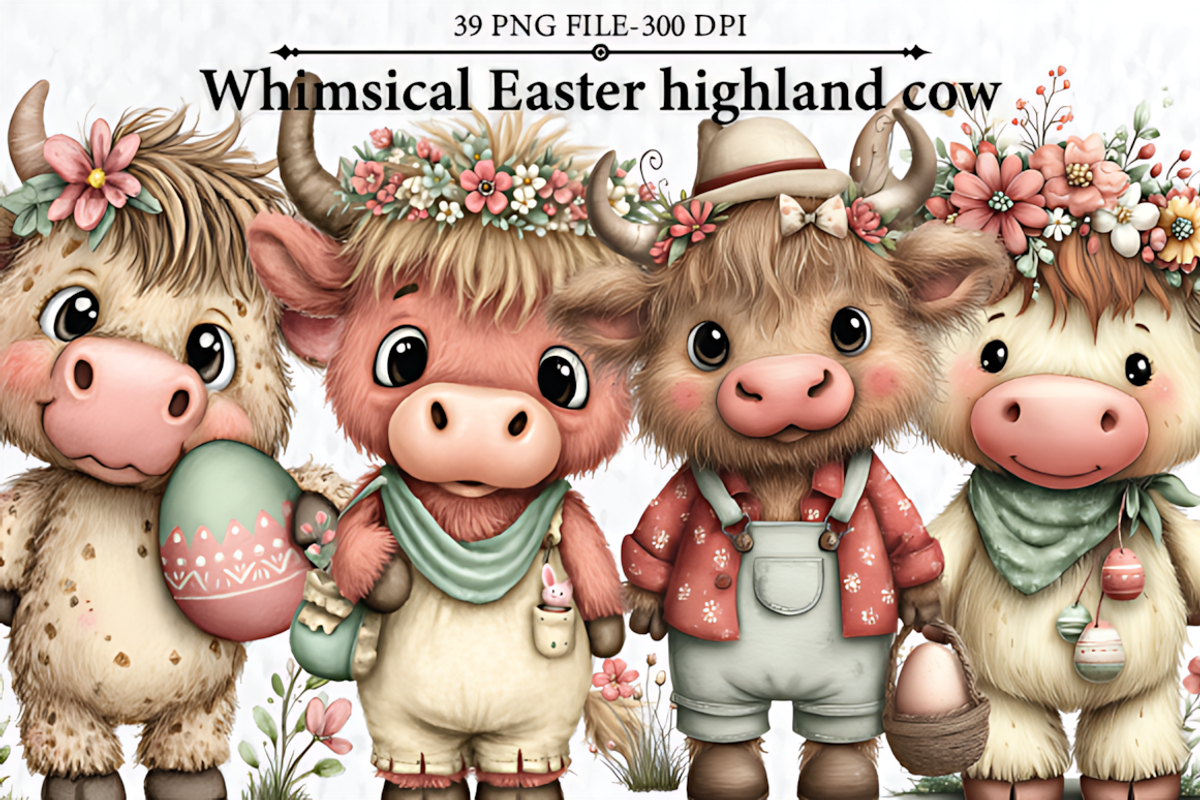 Whimsical Easter Highland Cow, a Seasonal Illustration by HueNestify (Photo 1 of 3)