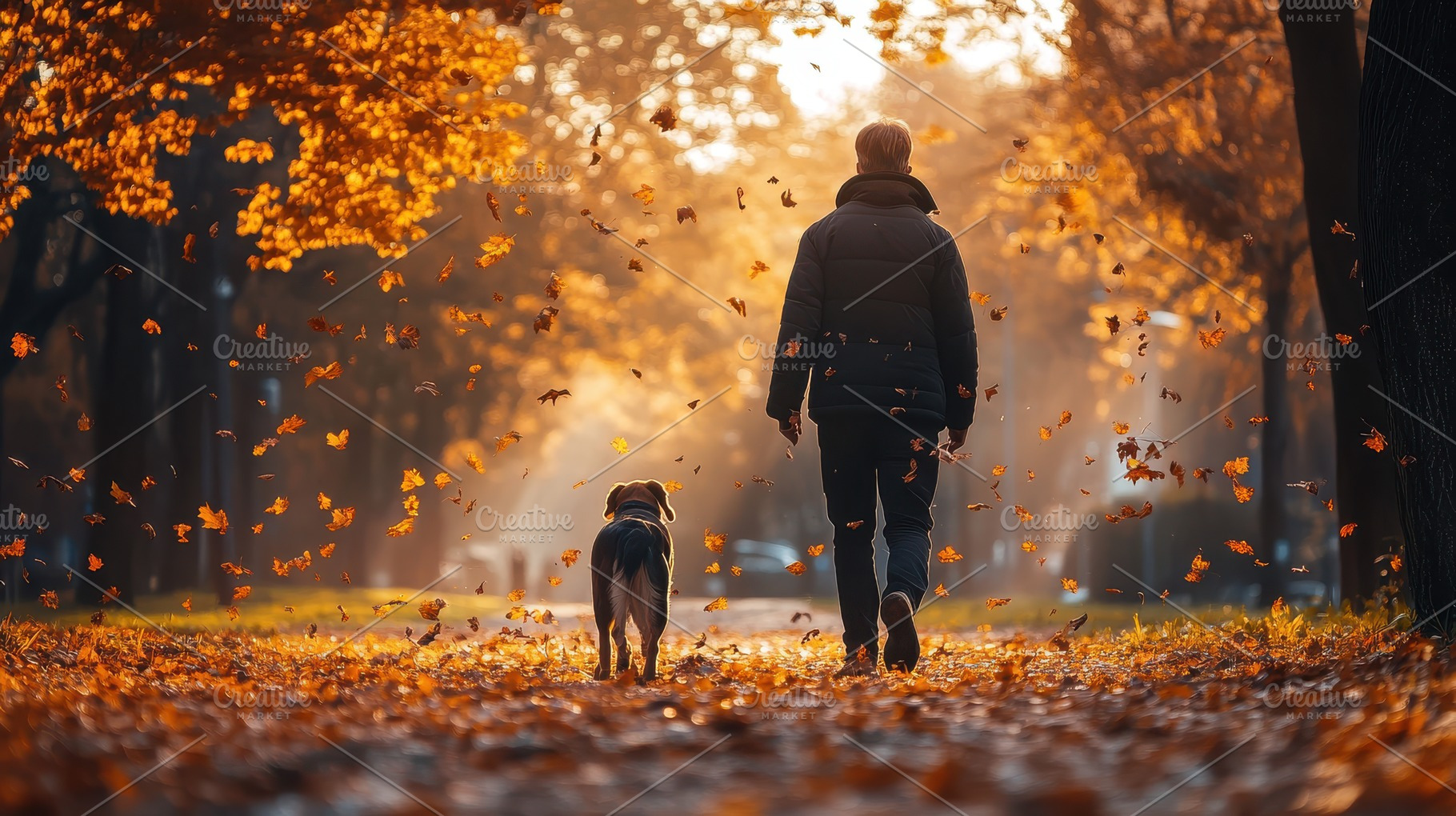 A man and his dog walk among autumn, an Animal Photo by Pixeness Studio
