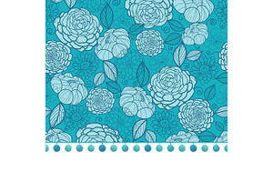 Vector pompom border trim on blue flowers seamless repeat pattern design background print. Perfect for clothing, fabric, home decor, wrapping projects.