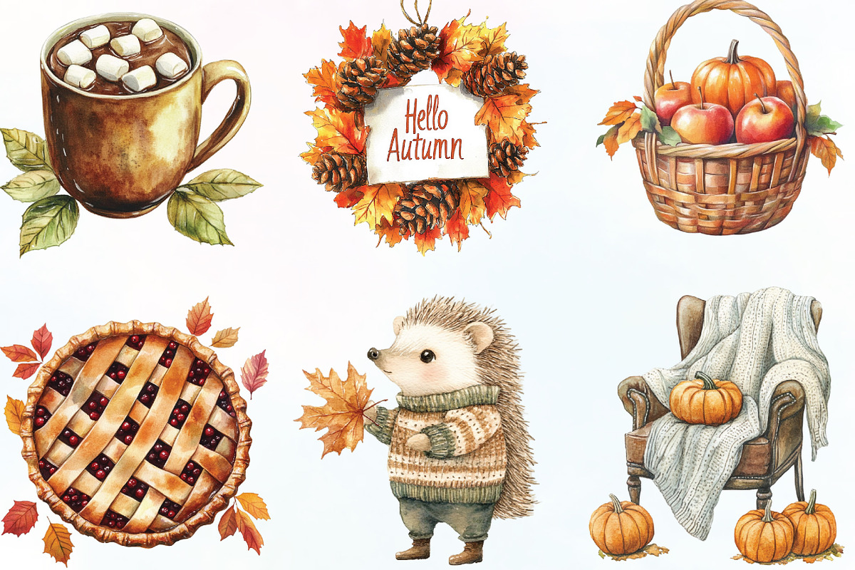Watercolor Hello Autumn Clipart, an Illustration by CraftArtStudio (Photo 3 of 6)