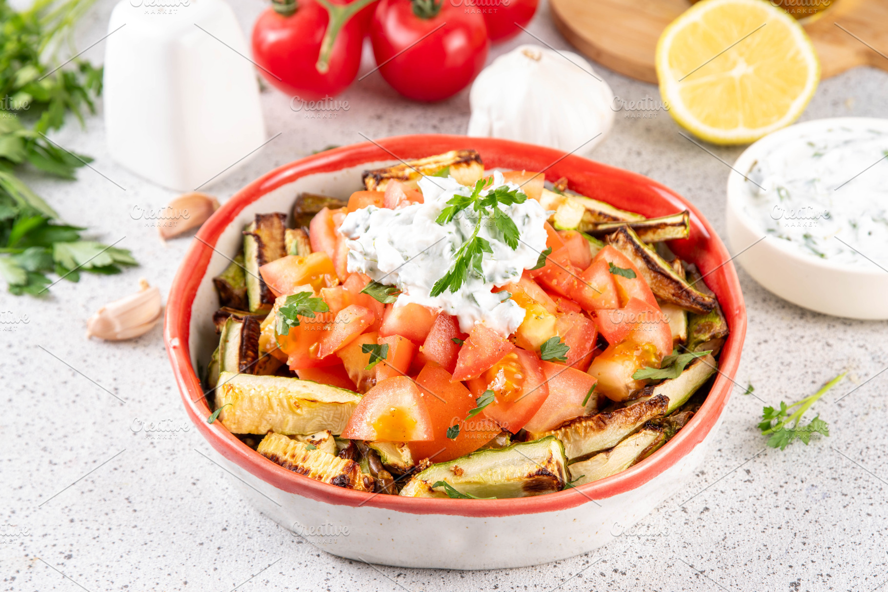 Hot zucchini tomato yogurt salad, a Food & Drink Photo by Rimma