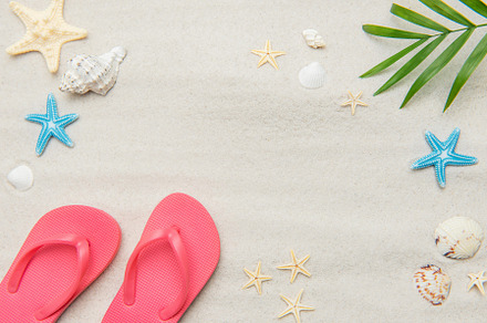 Pink flip flops, seashells, and starfishes creating relaxing sum