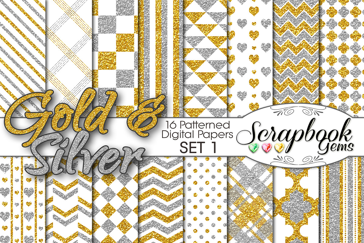 Gold & Silver Pattern Digital Papers, a Pattern Graphic by Scrapbook Gems (Photo 1 of 3)