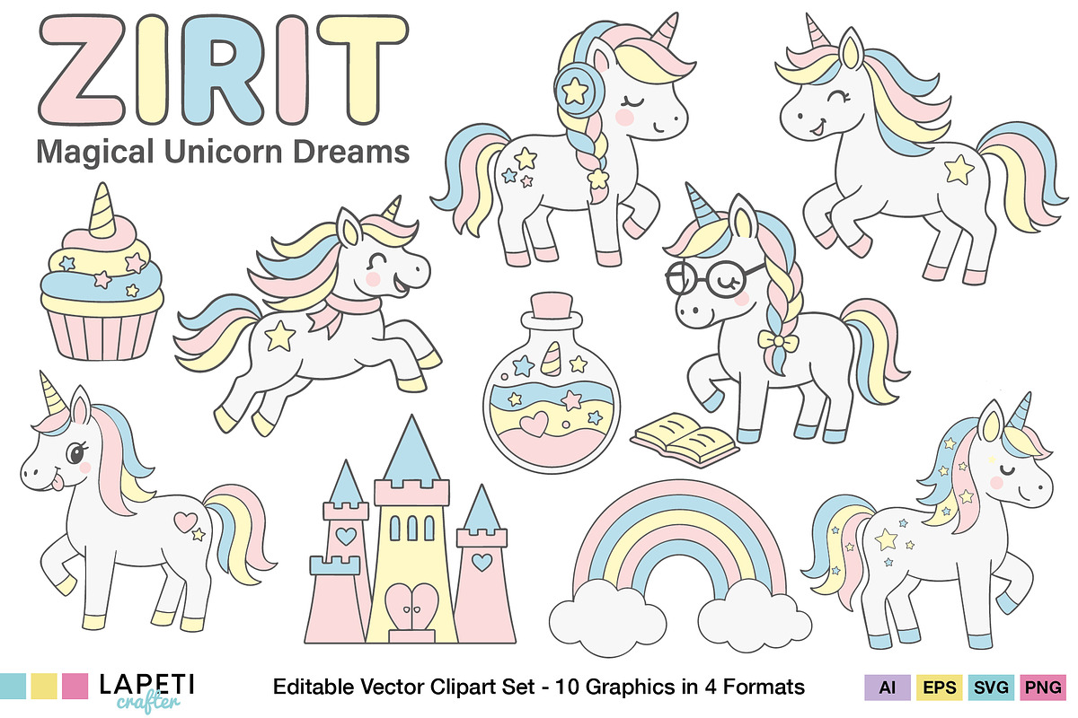 Pastel Unicorn Clipart Set, an Animal Illustration by Lapeticrafter (Photo 1 of 8)