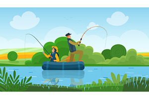 Fisherman family with fishing rods, a Sport Illustration by Lemberg Vector