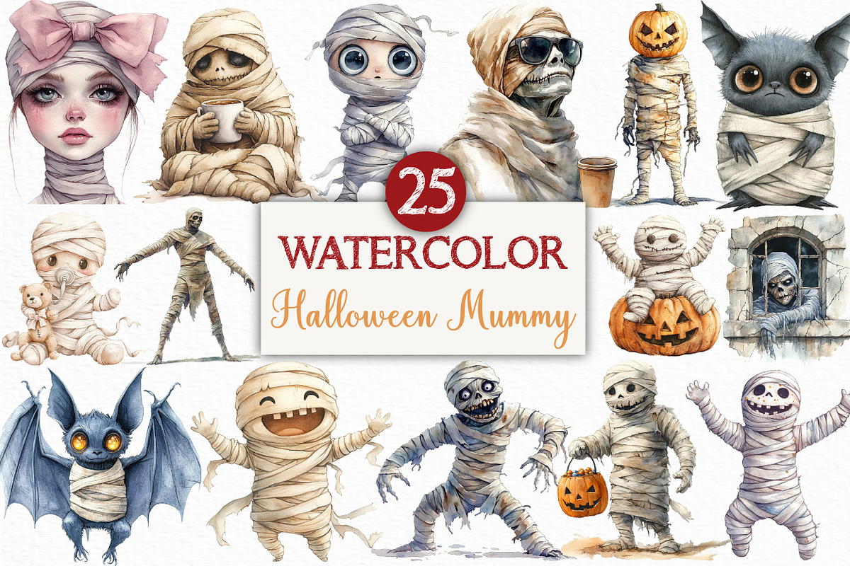 Watercolor Halloween Mummy Clipart, an Illustration by Craft Nest (Photo 1 of 6)