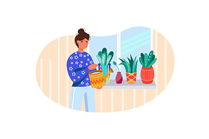 Woman watering houseplant with can, an Object Illustration by vectorpointstudio
