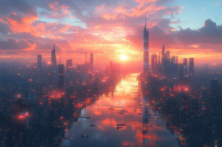 City skyline illuminated by sunset c, a Photo by Tanuart