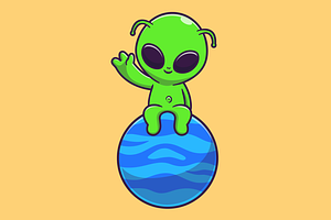 Cute Alien Sitting On Planet Cartoon