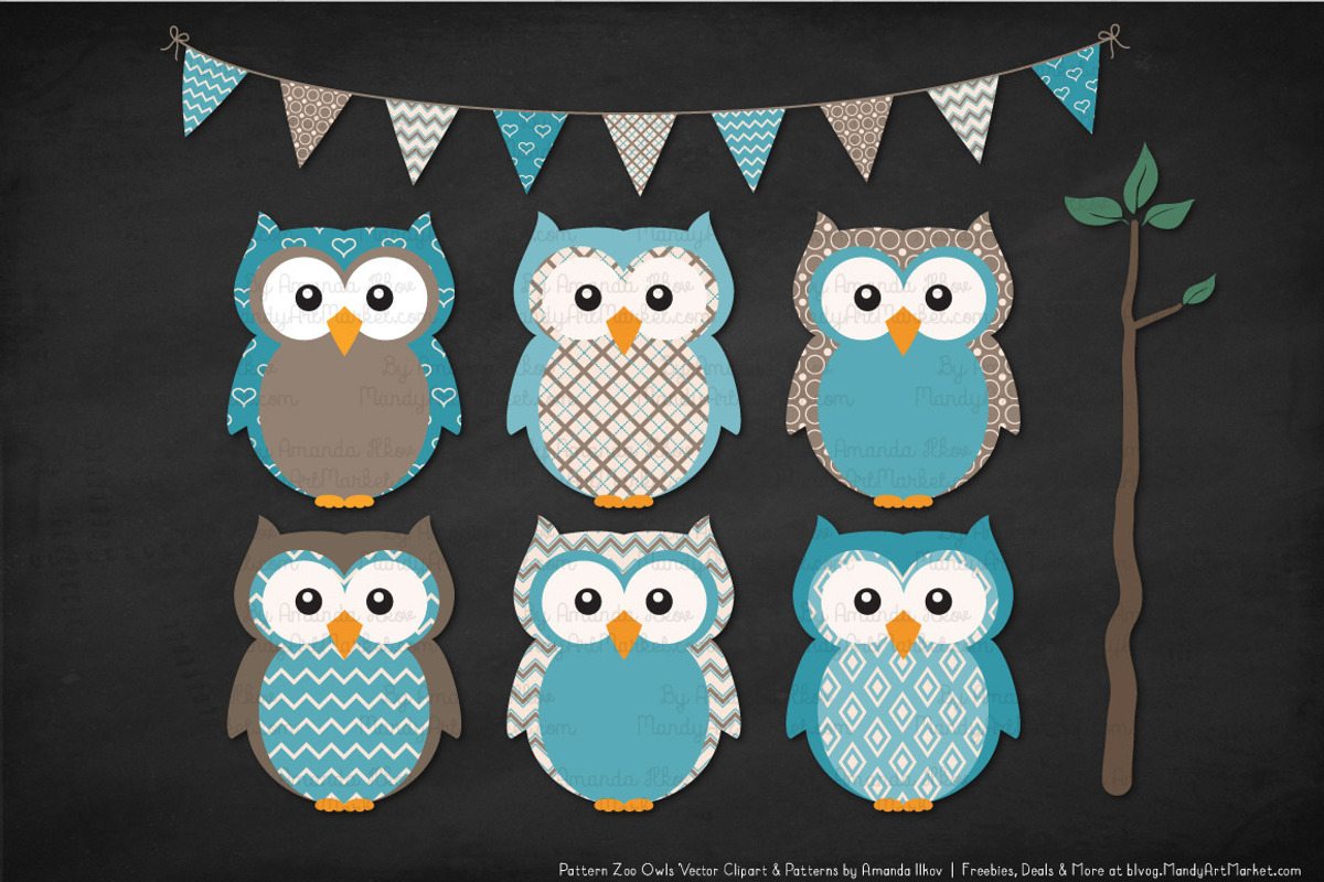 Vintage Blue Owl Clipart & Patterns, an Animal Illustration by Amanda Ilkov (Photo 3 of 4)