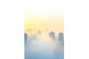 Foggy urban skyline at sunrise with, an Architecture Photo by Lermont51