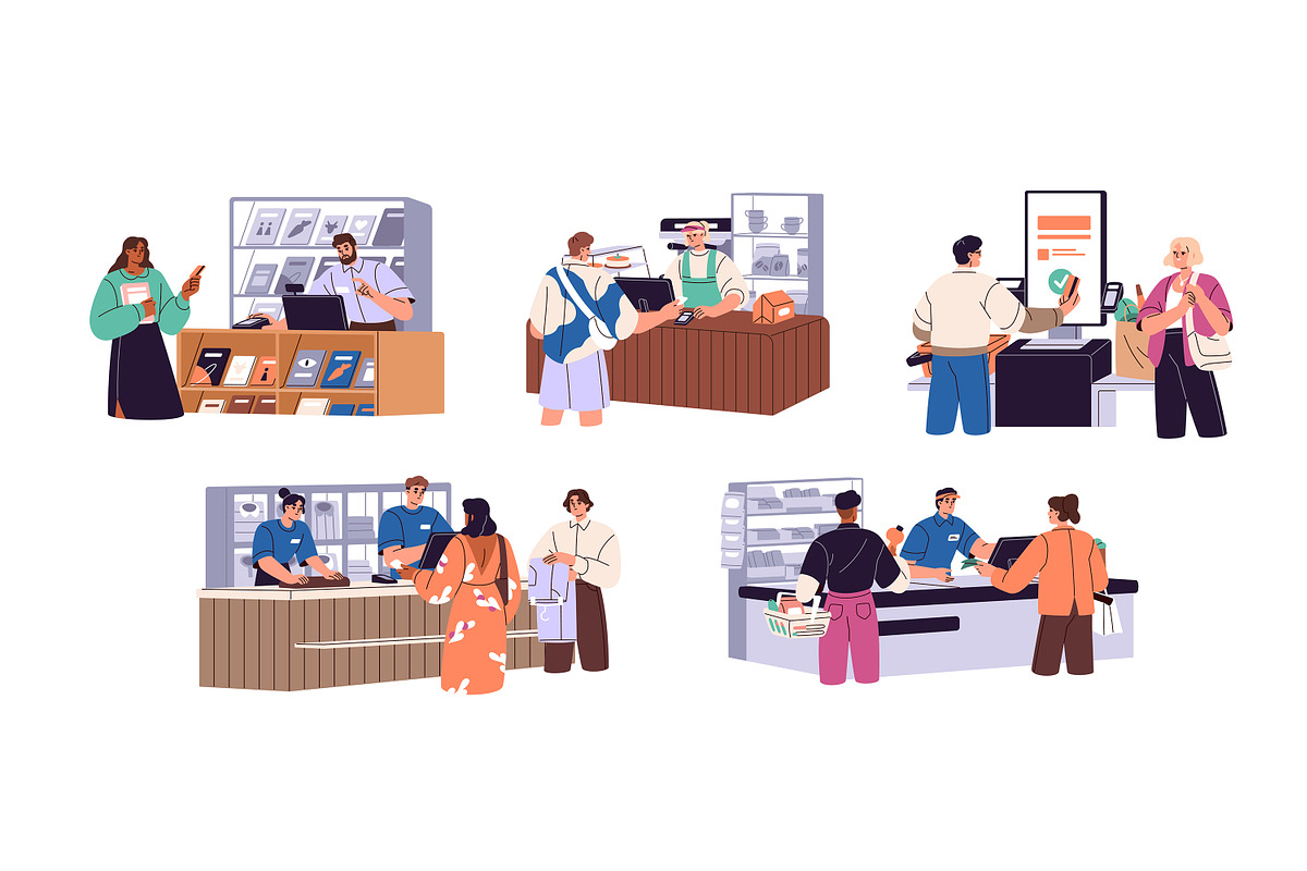 People pay at store checkout set, a Person Illustration by PaperTrident (Photo 1 of 11)