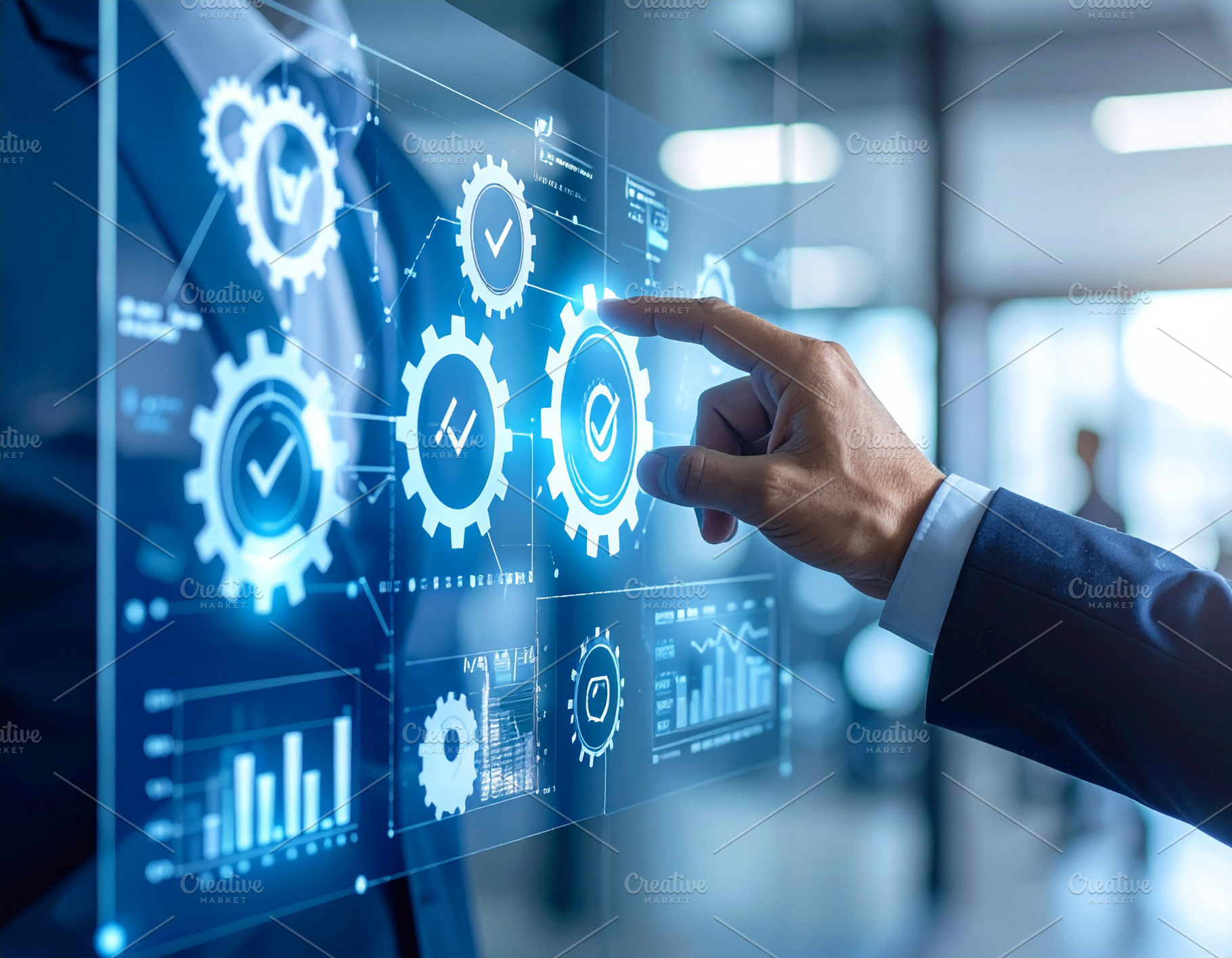 Professional adjusting a touchscreen dashboard with glowing proc, a Business Photo by DanFLCreativo