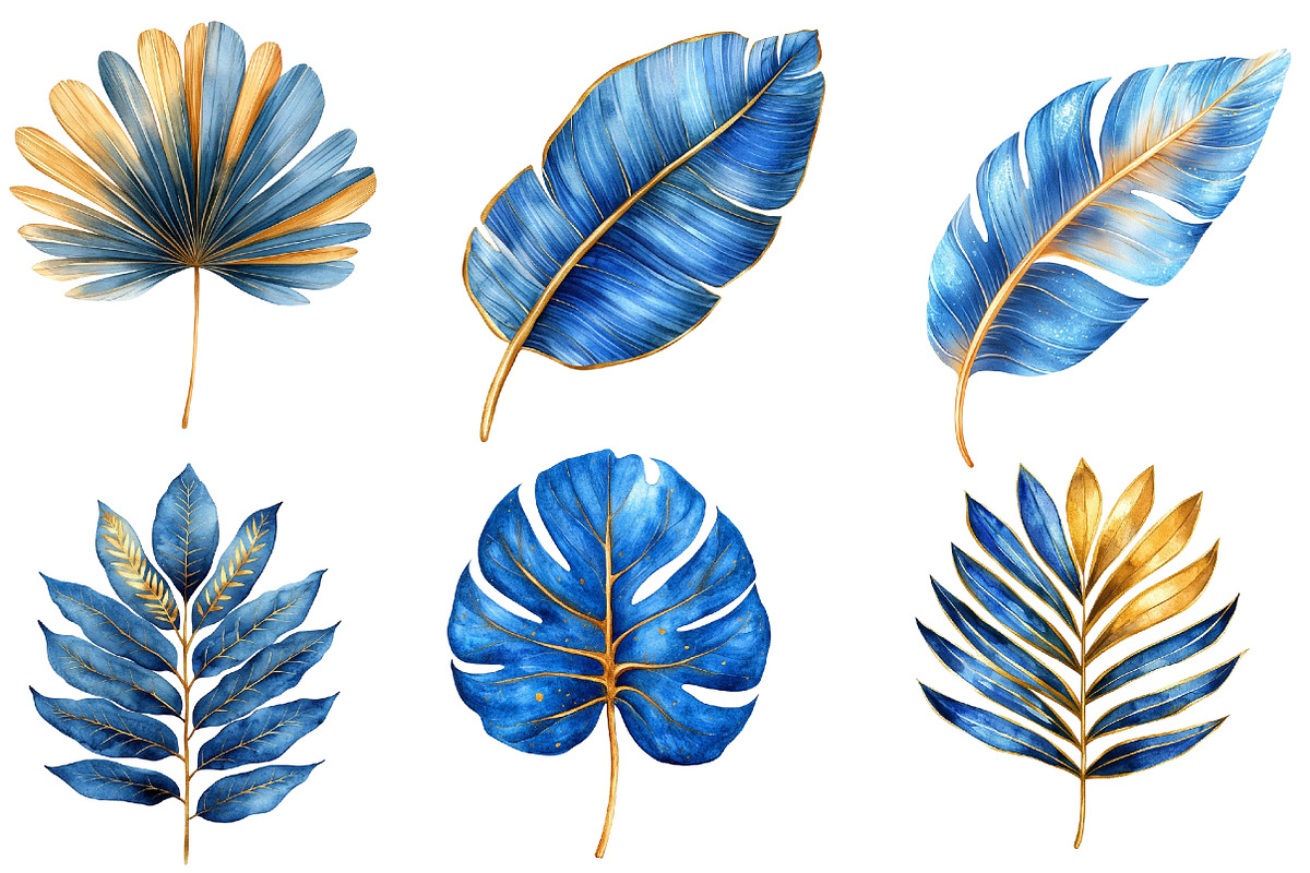 Blue and Gold Tropical Leaves, an Illustration by Designworld (Photo 3 of 7)