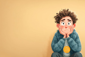 Worried man depicted in cartoon style with a visible Bitcoin symbol, an Illustration by AS photostudio