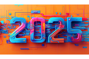 Futuristic, colorful '2025' text in, an Illustration by Sergey Kotenev