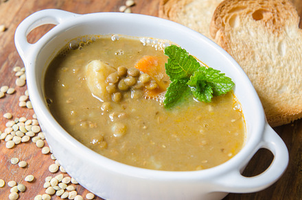 Lentil soup featuring asian, bowl, and brown