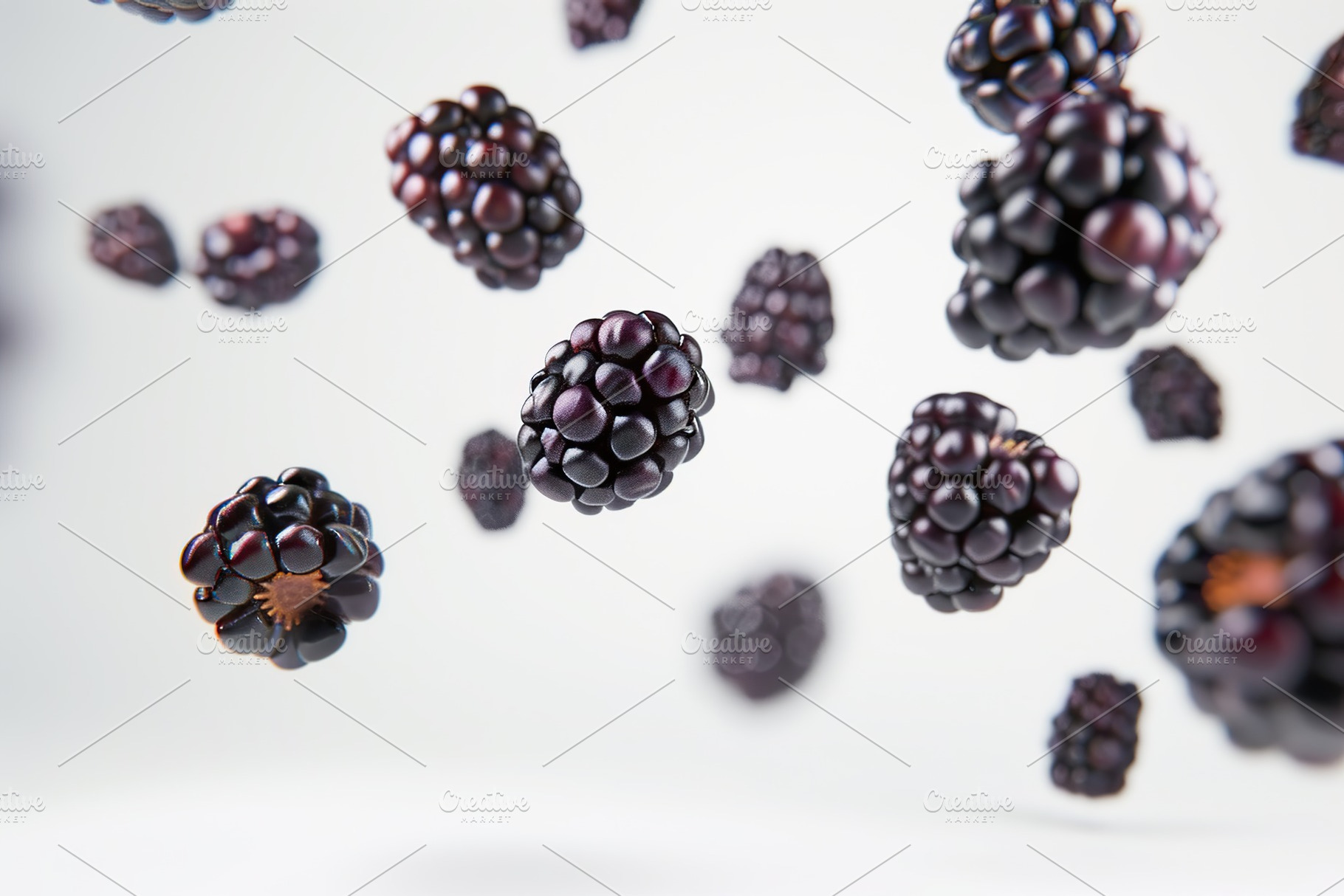 Ripe blackberries flying in the air on white background, a Food & Drink Photo by AlyaAnd