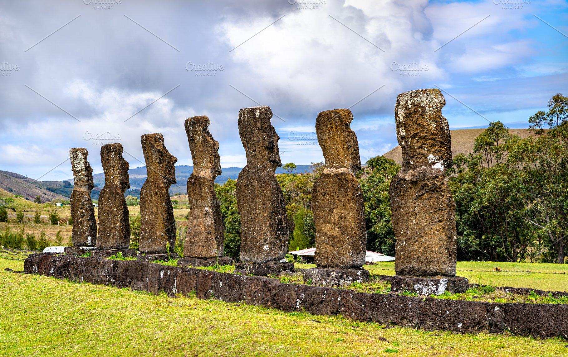 Ancient moai statues of Ahu Akivi on Easter Island, an Architecture Photo by Leonid Andronov